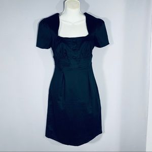 Black sateen short sleeve gathered bodice dress